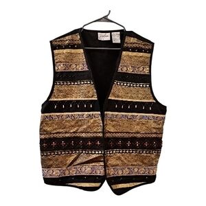 Jaclyn Smith Vintage Black and Gold Patterned Sequined Vest Plus Size 20W